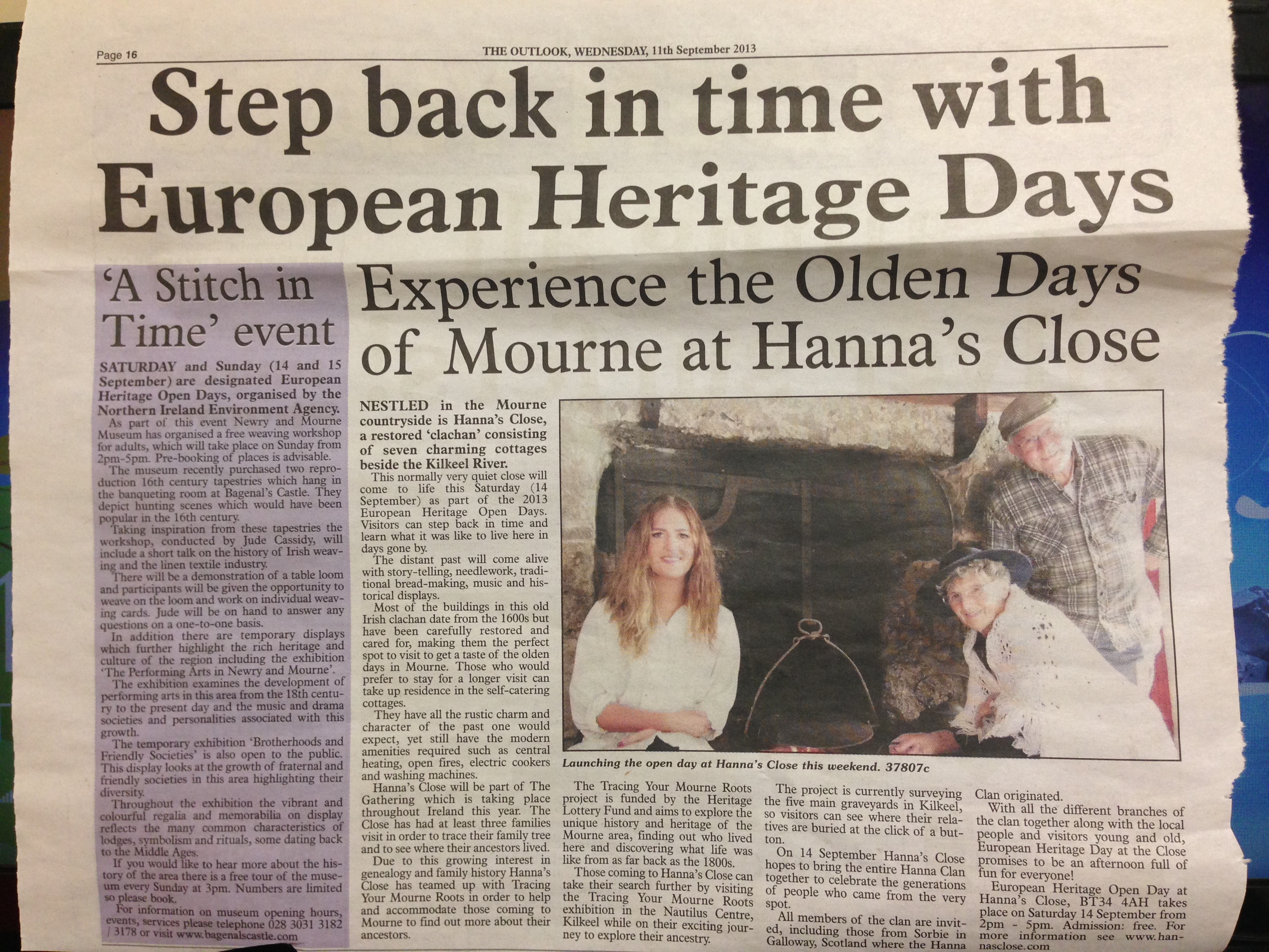 Press release in local paper The Outlook to promote EHODNI with Hanna's Close in September